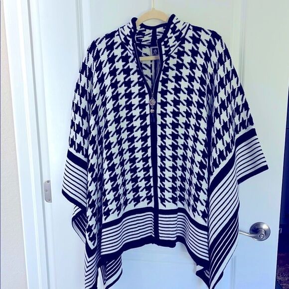 Anne Klein Houndstooth Camilla Poncho Cape / Stripe Trim Full Zip NWT SZ XL - Picture 1 of 14